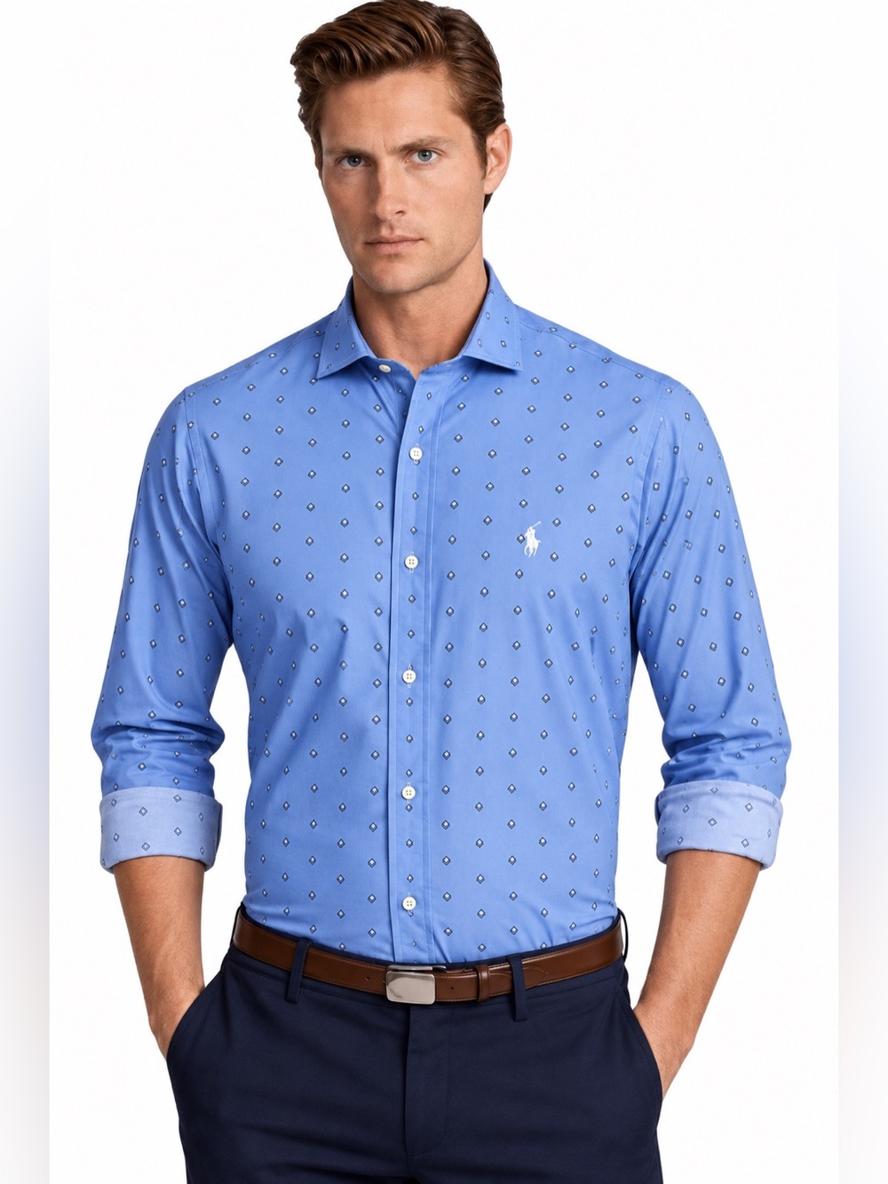 Polo Ralph Lauren Classic Fit Blue Geometric Print Button-Down Shirt Large 16.5